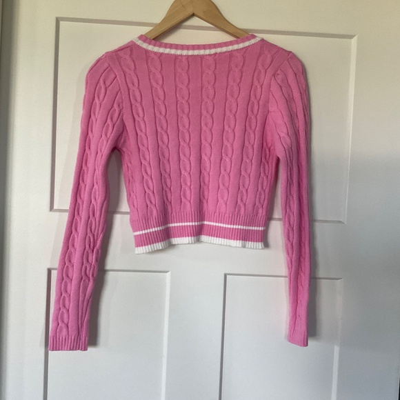 Altar’d State Pink Cropped Cable Knit Preppy Sweater Medium Barbie - Picture 2 of 7